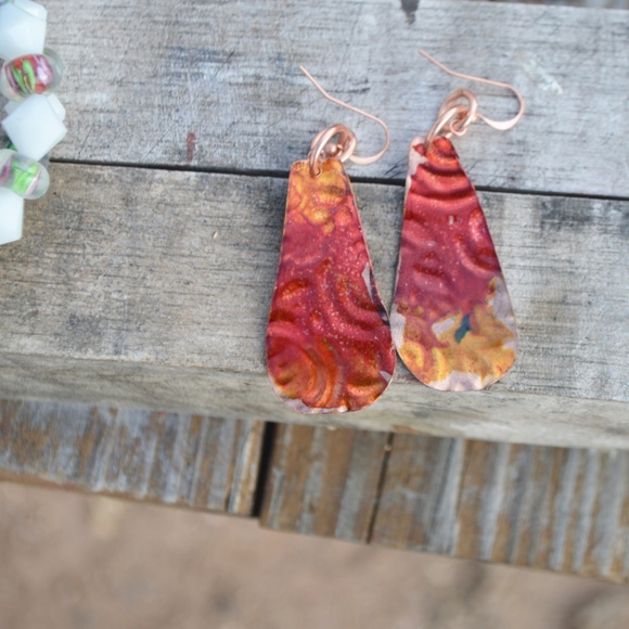 Embossed Solid Copper Red Statement Earrings Drop - Picture 2 of 5